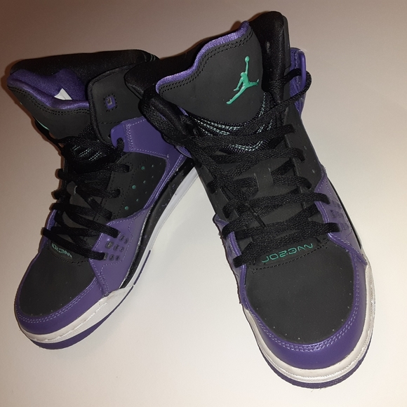 black purple and teal jordans